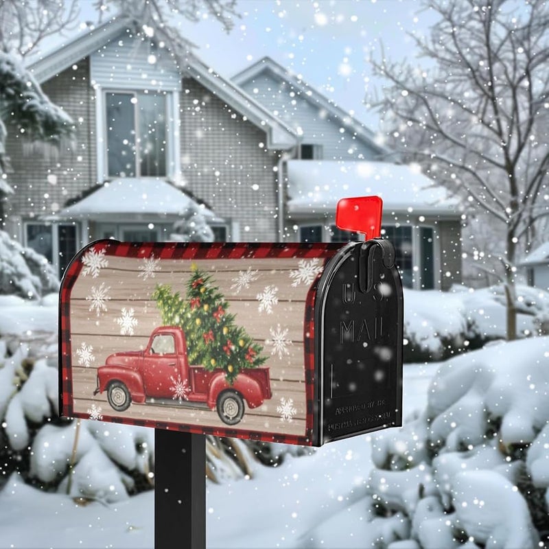 VBXNT Store Winter Christmas Red Truck Theme Mailbox Cover, Magnetic Waterproof Mailbox Wrap 18x21 Inch Standard Size, Snow Oxford Cloth Mailbox Decoration for Christmas, Thanksgiving, Winter Outdoor Garden - Image 2